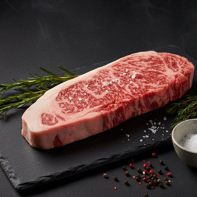 Faux-filet de bœuf Wagyu A5 japonais au persillage fin, sur ardoise avec romarin et poivre